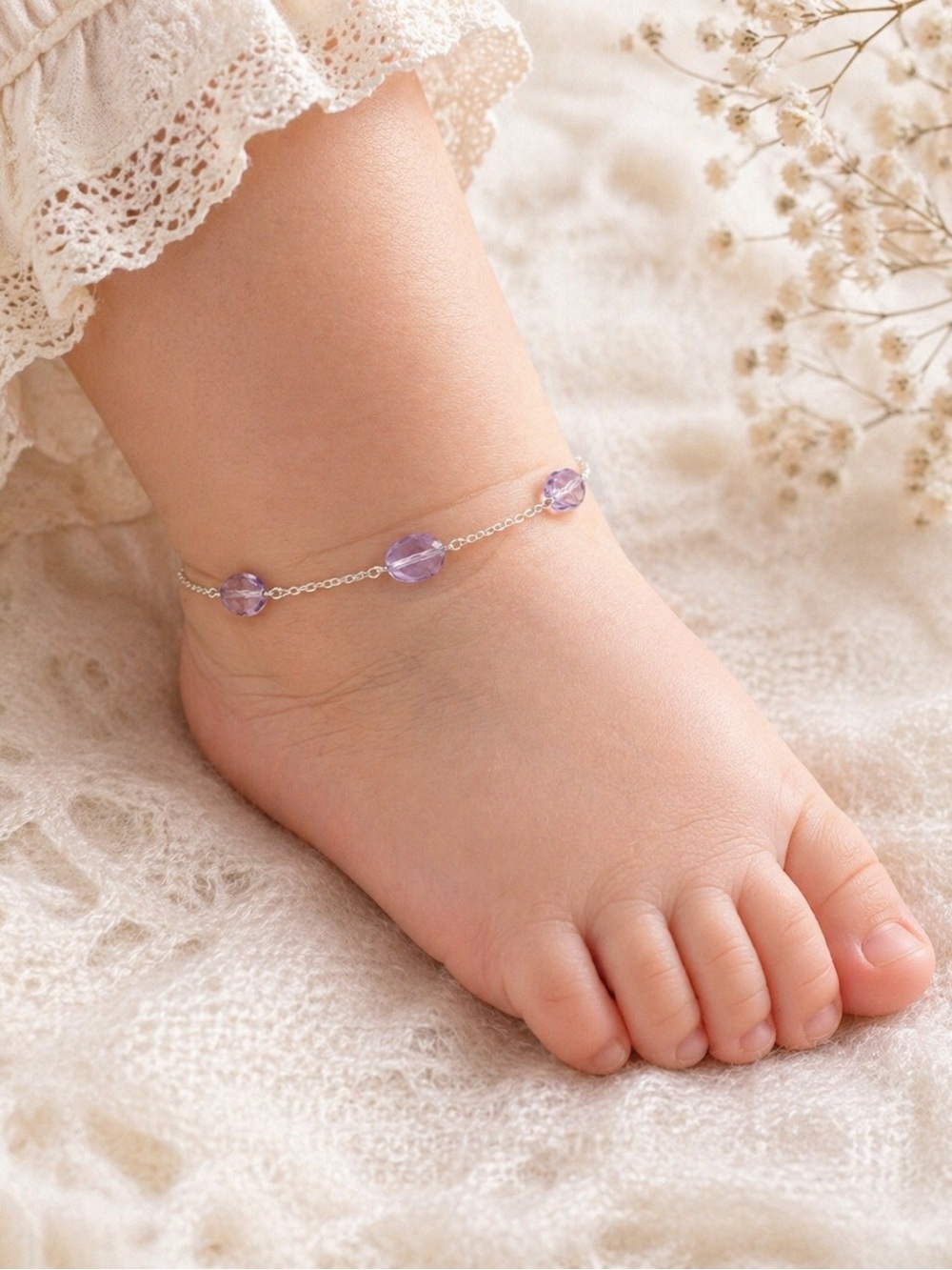 Delicate Silver Anklet with amethyst gemstone Beads